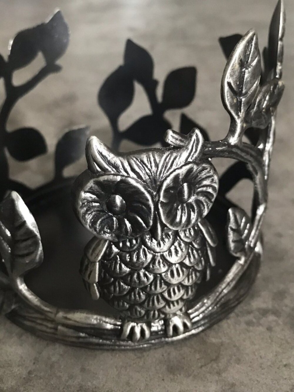 Bath and Body Works Candle Holder Owl Silver Metal Leaves Fall Autumn